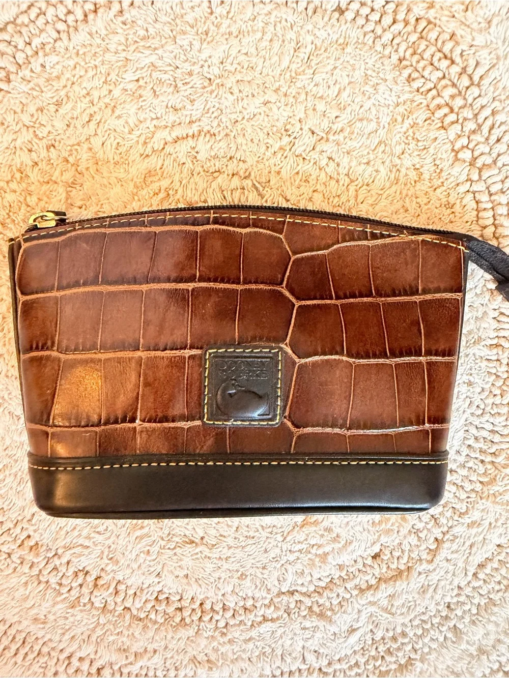 Dooney & Bourke Brown Croc-Embossed Leather Cosmetic Pouch with Dark Trim
